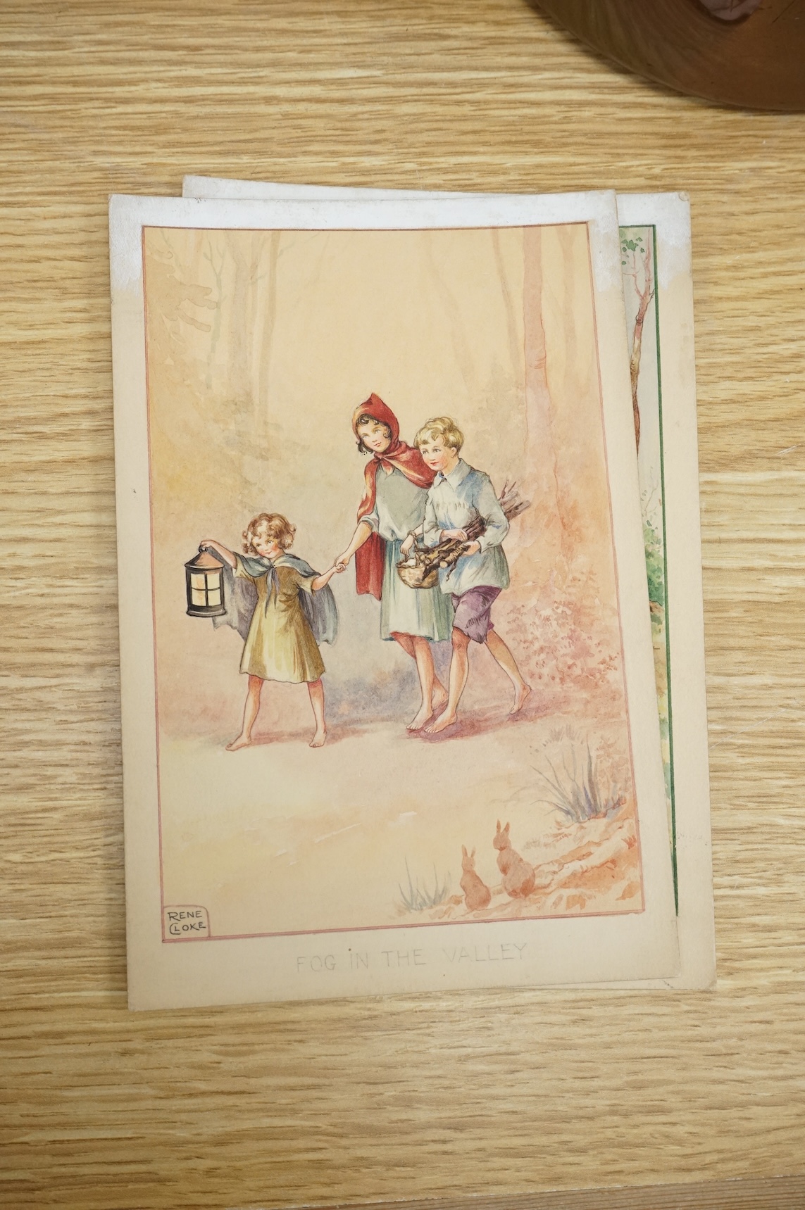 Rene Cloke (1904-1995), set of six original watercolours for children's postcard designs, Country Days to include Fog in the Valley, Spring Babies and Summer Noon, each signed, unframed, 21 x 13cm